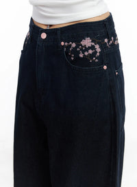 Jeans Larghi Ricamati Fiori di Ciliegio