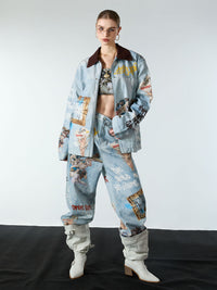 Giacca Effetto Vissuto con Grafica in Denim 'Artistic Patches' — Vista 6