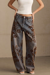 Jeans Baggy a Vita Alta con Stampa Floreale