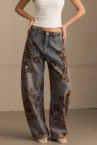 Jeans Baggy a Vita Alta con Stampa Floreale