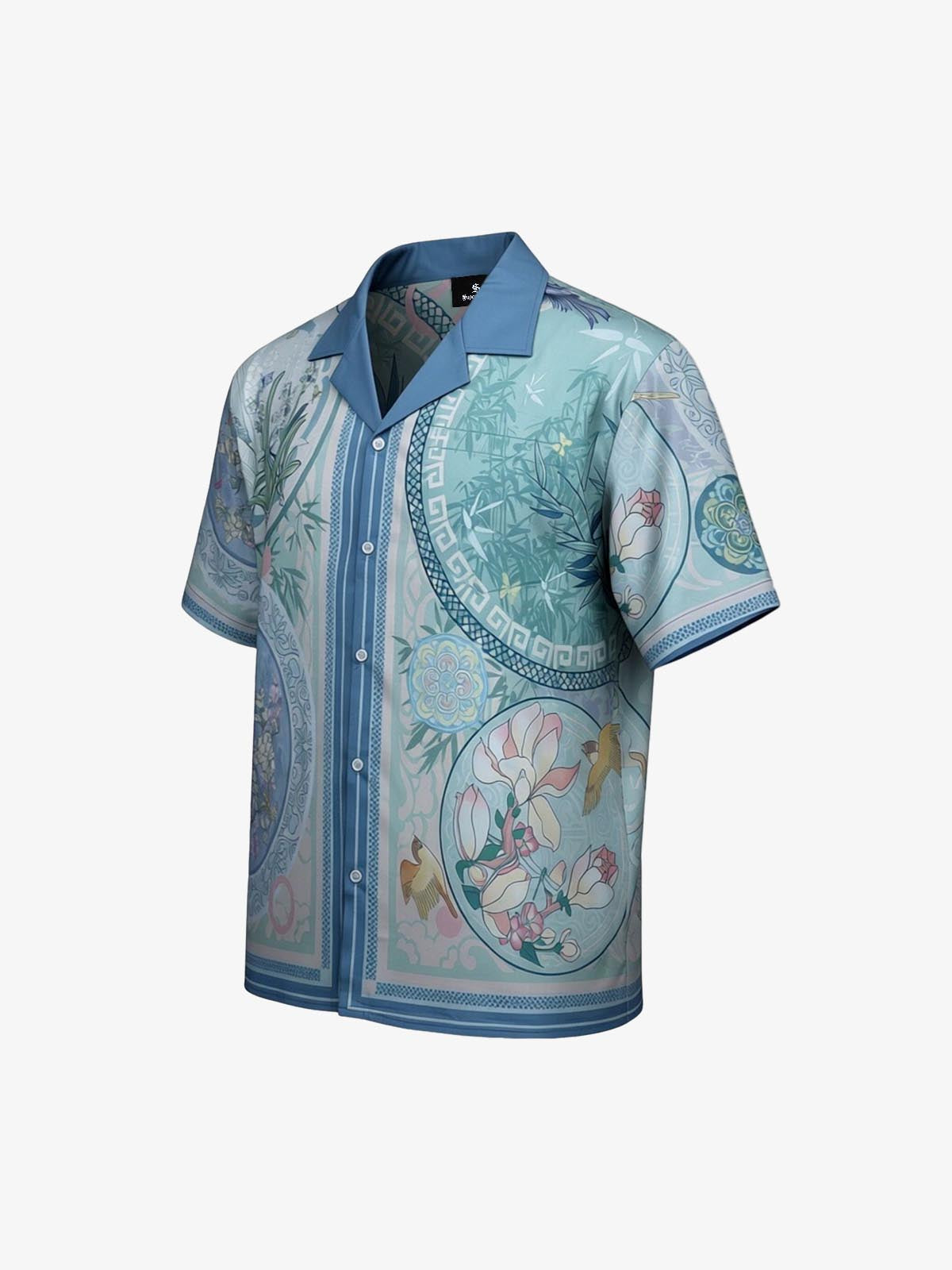 Camicia Boxy Floreale 'Porcelain' con Colletto Aperto