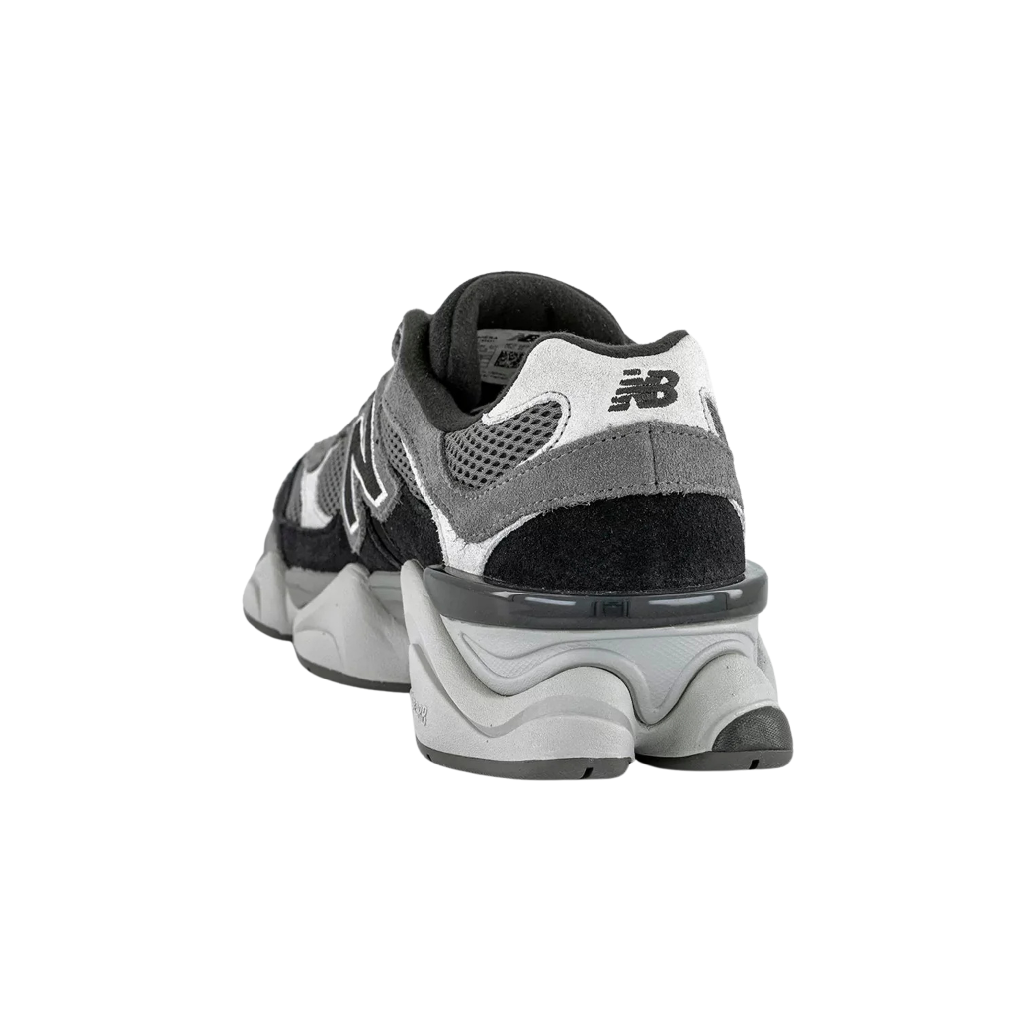 New Balance 9060 grigie e nere, vista posteriore con suola bianca voluminosa