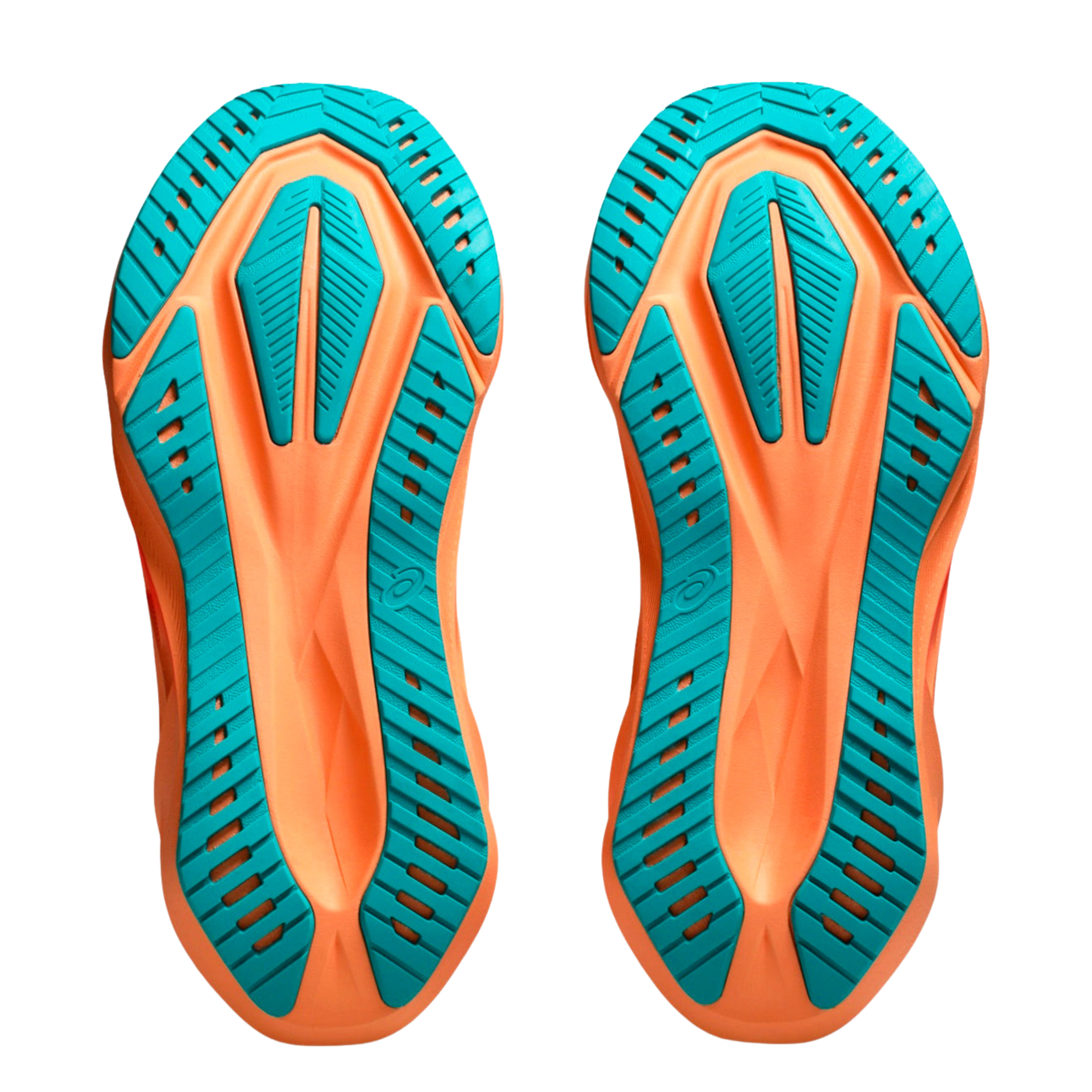 Suole ASICS Novablast 5 turchesi con intersuola arancione, paio affiancato