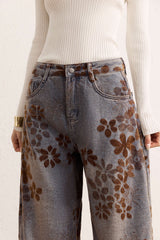 Jeans Baggy a Vita Alta con Stampa Floreale
