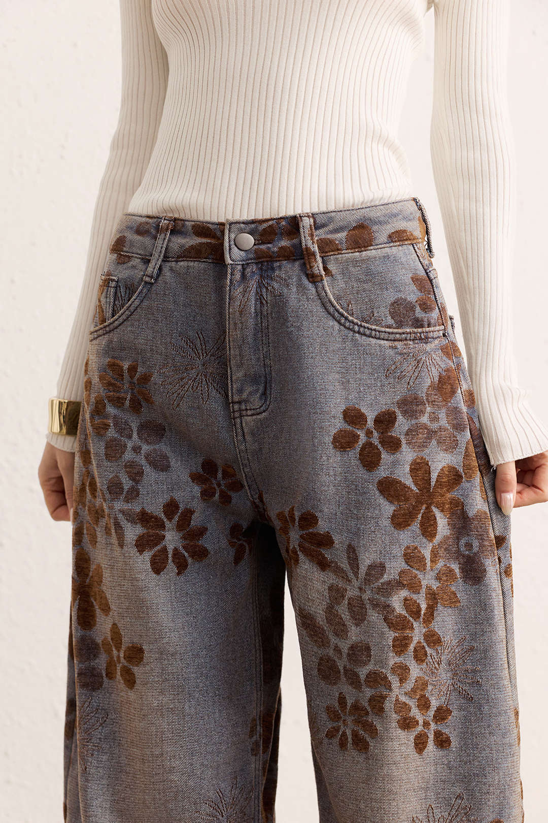 Jeans Baggy a Vita Alta con Stampa Floreale
