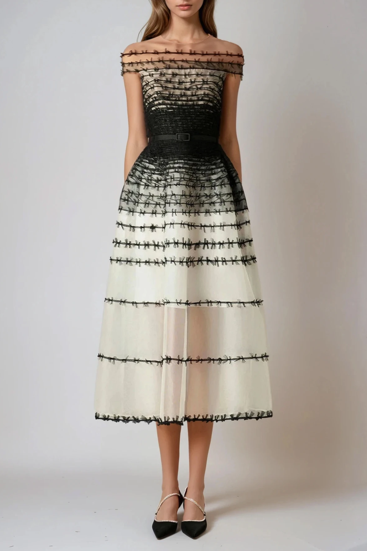 Vestito Midi in Mesh a Spalle Scoperte