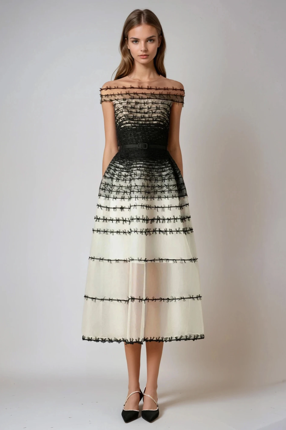 Vestito Midi in Mesh a Spalle Scoperte