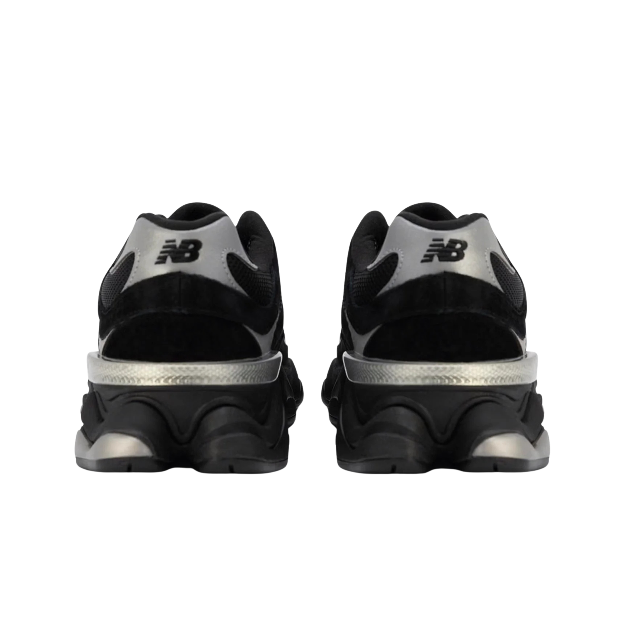 New Balance 9060 nere viste da dietro, tallone con logo N grigio