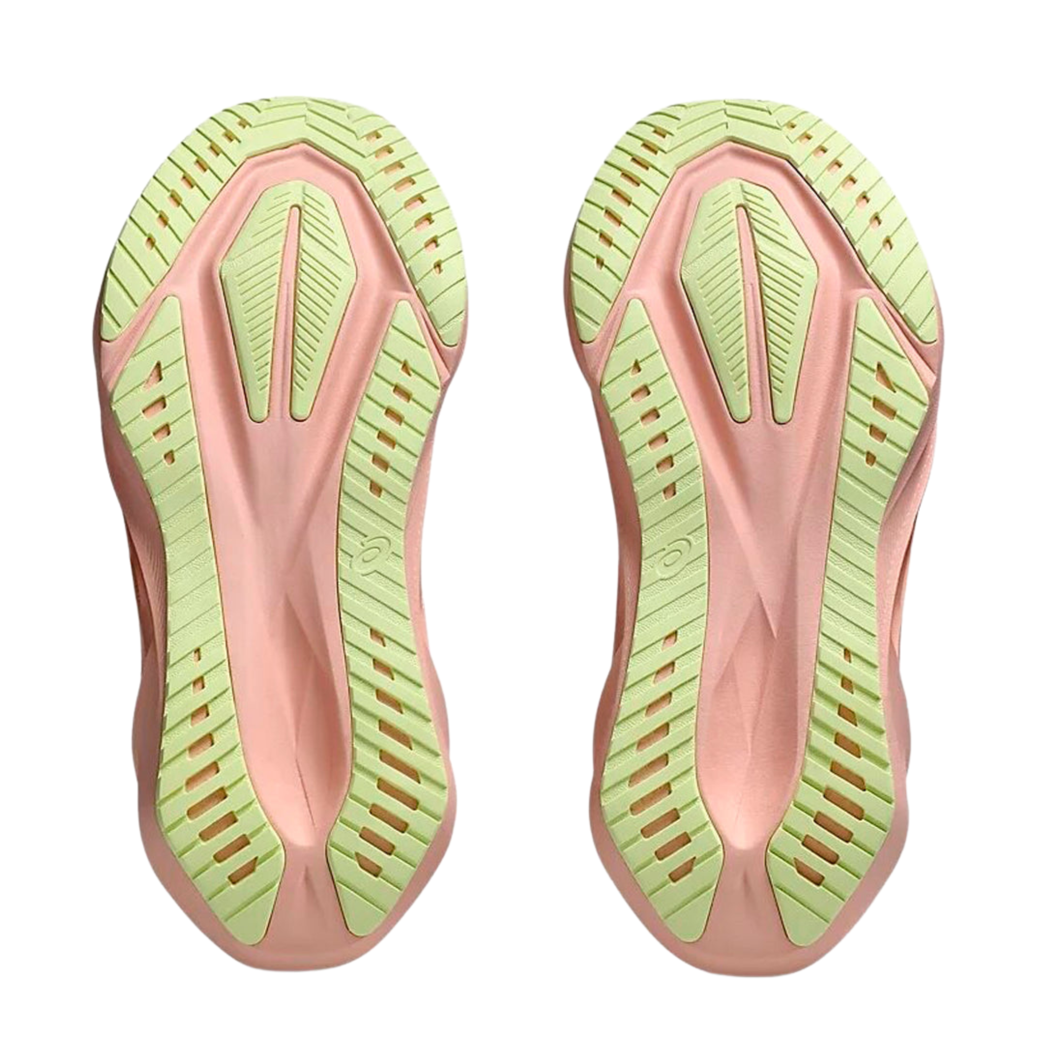 Dettaglio suola ASICS Novablast 5, battistrada verde lime con inserto rosa