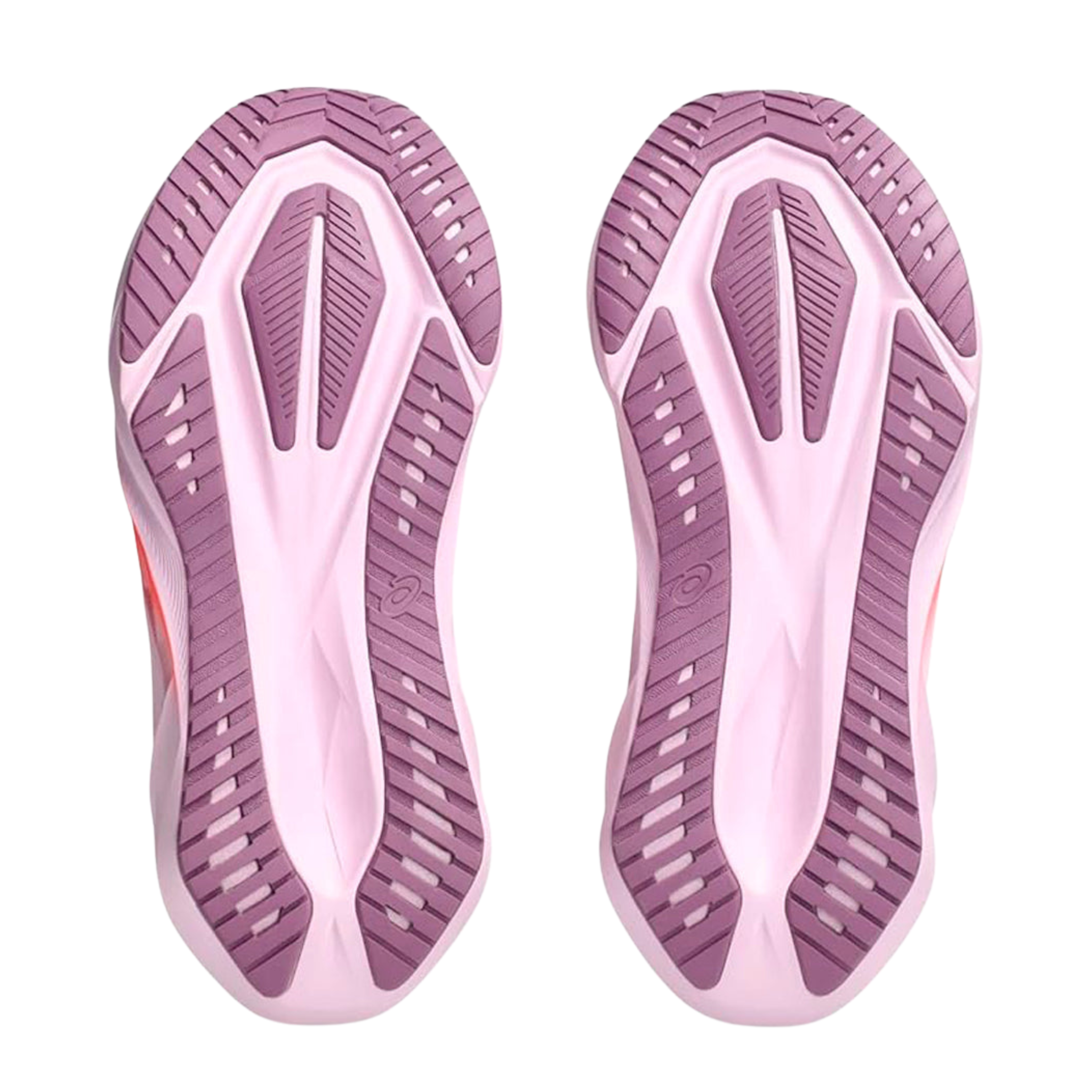 Suole delle ASICS Novablast 5 viste dal basso, malva e rosa