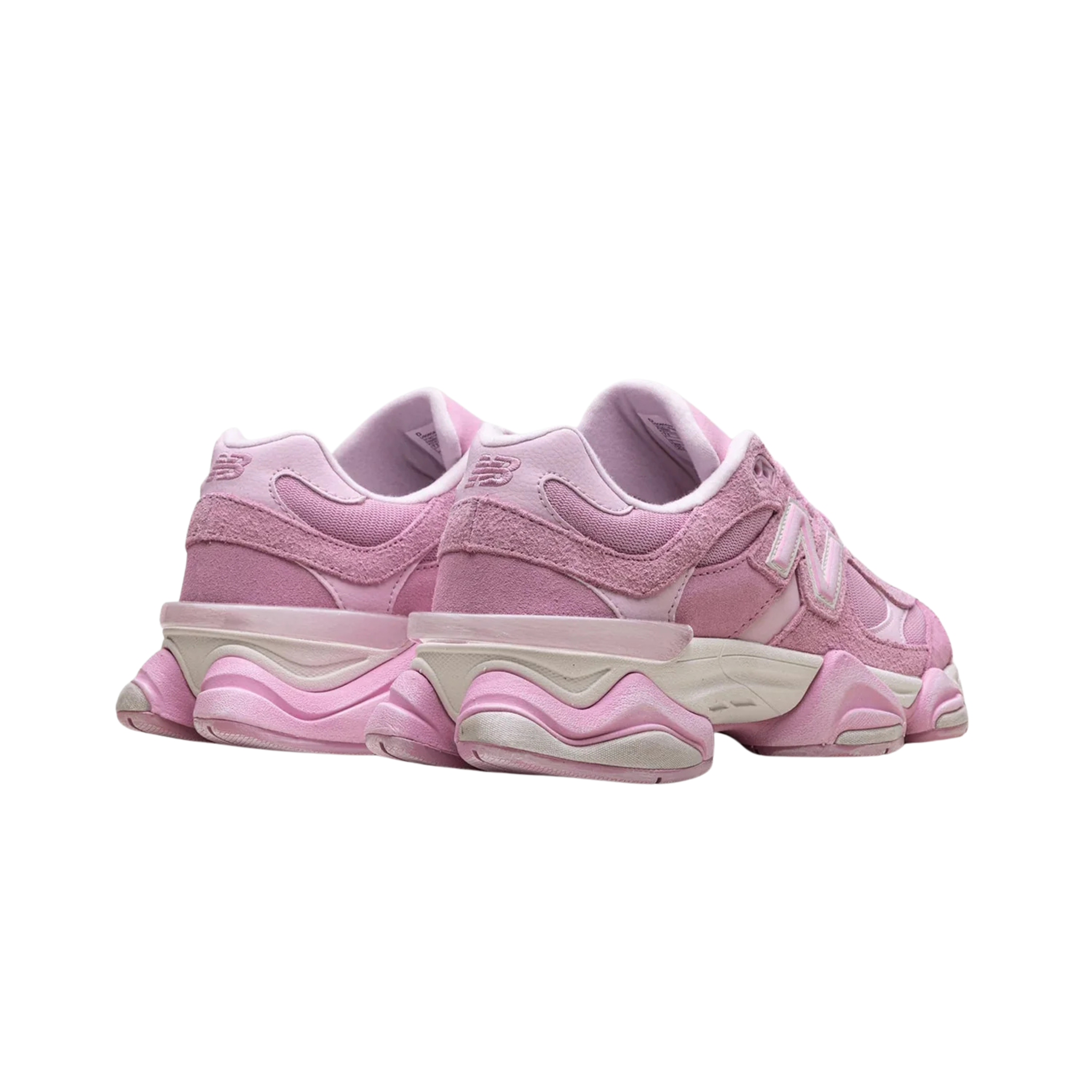 New Balance 9060 rosa, paio visto da dietro con suola bianca