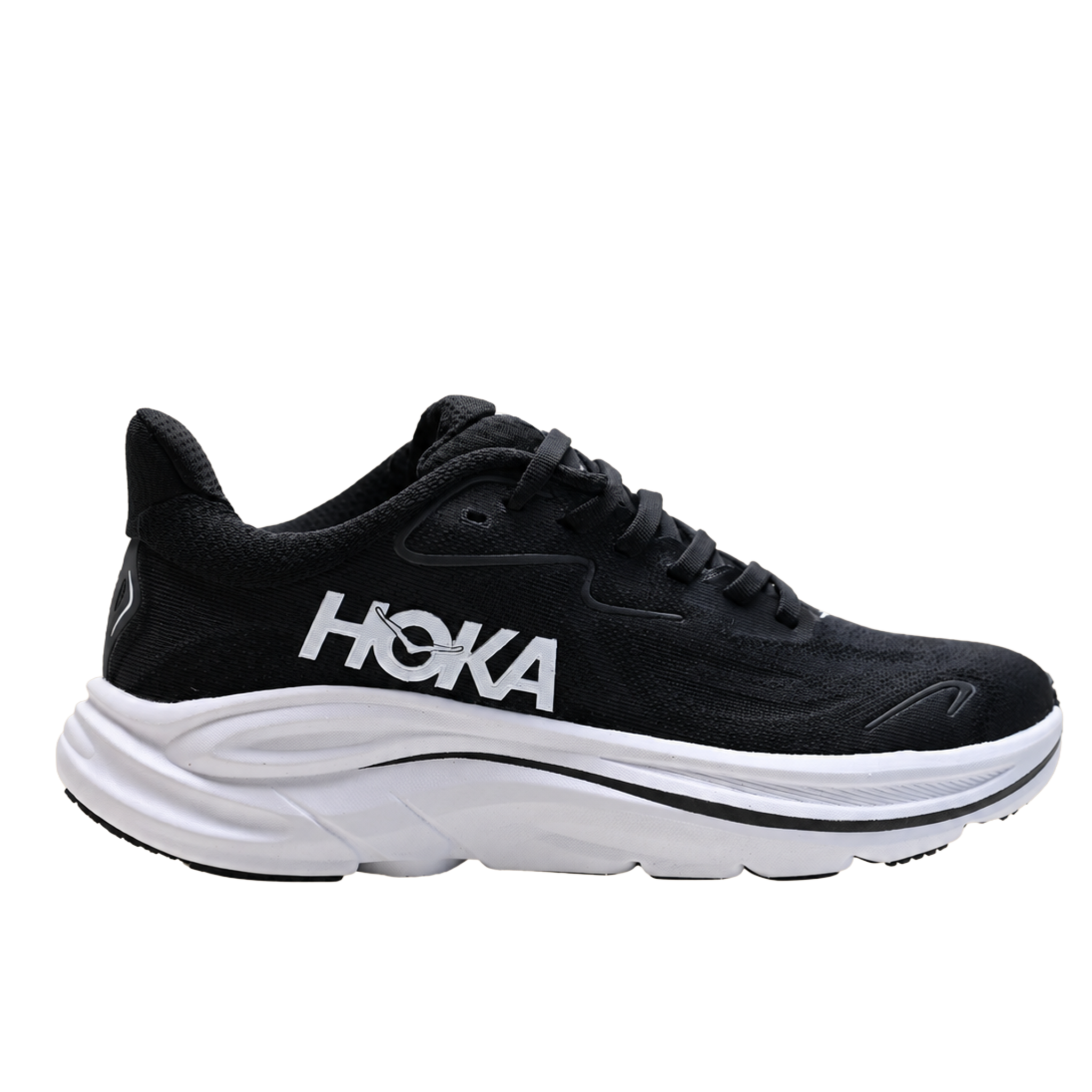 Hoka Clifton 10 nera, vista laterale con spessa intersuola bianca