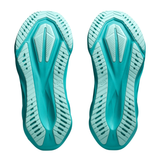 Dettaglio suole ASICS Novablast 5 verde menta con nervature turchesi centrali