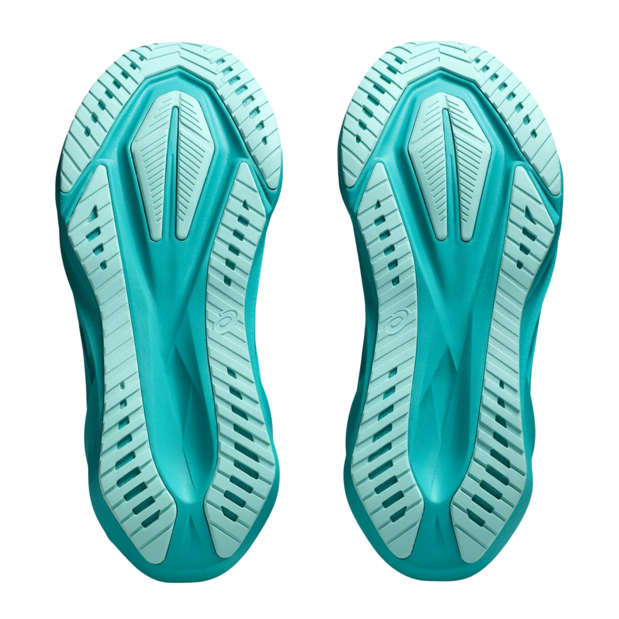 Dettaglio suole ASICS Novablast 5 verde menta con nervature turchesi centrali