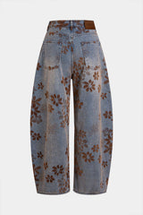 Jeans Baggy a Vita Alta con Stampa Floreale