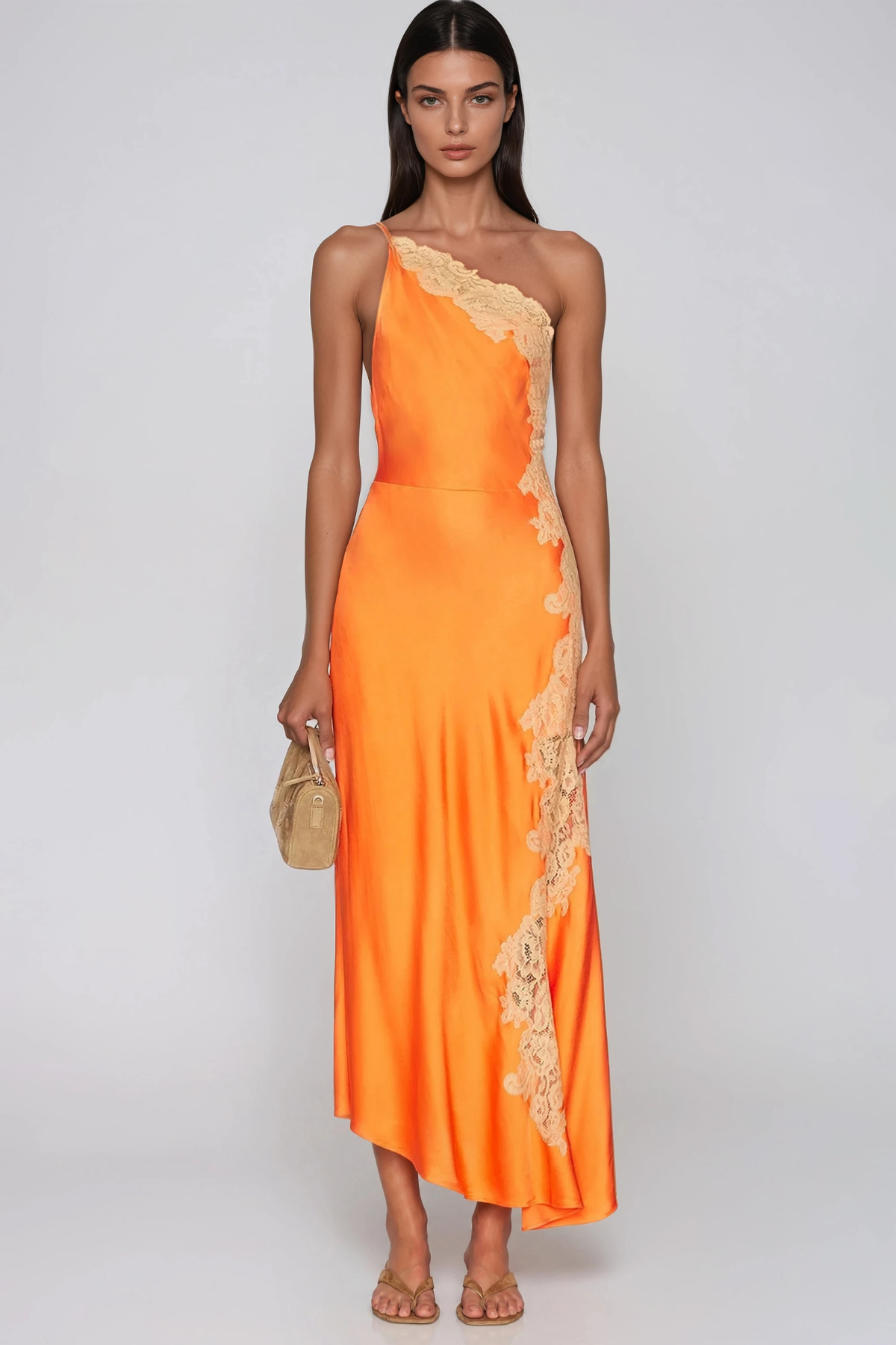Vestito Maxi Monospalla in Pizzo e Raso