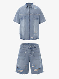 Completo in Denim Effetto Vissuto con Strappi — Vista 3