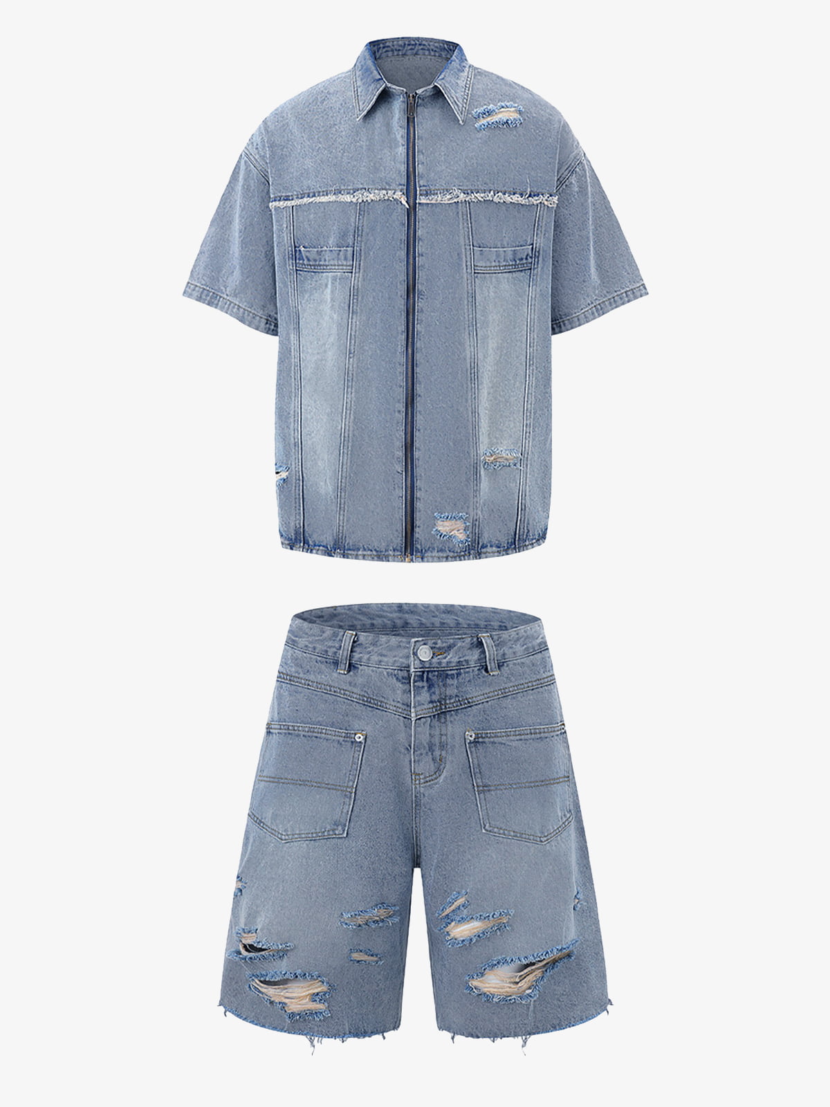 Completo in Denim Effetto Vissuto con Strappi — Vista 3