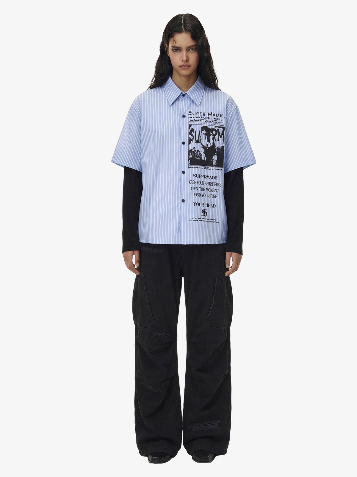 Camicia a Righe con Illustrazione Vintage Doppio Strato — Vista 8