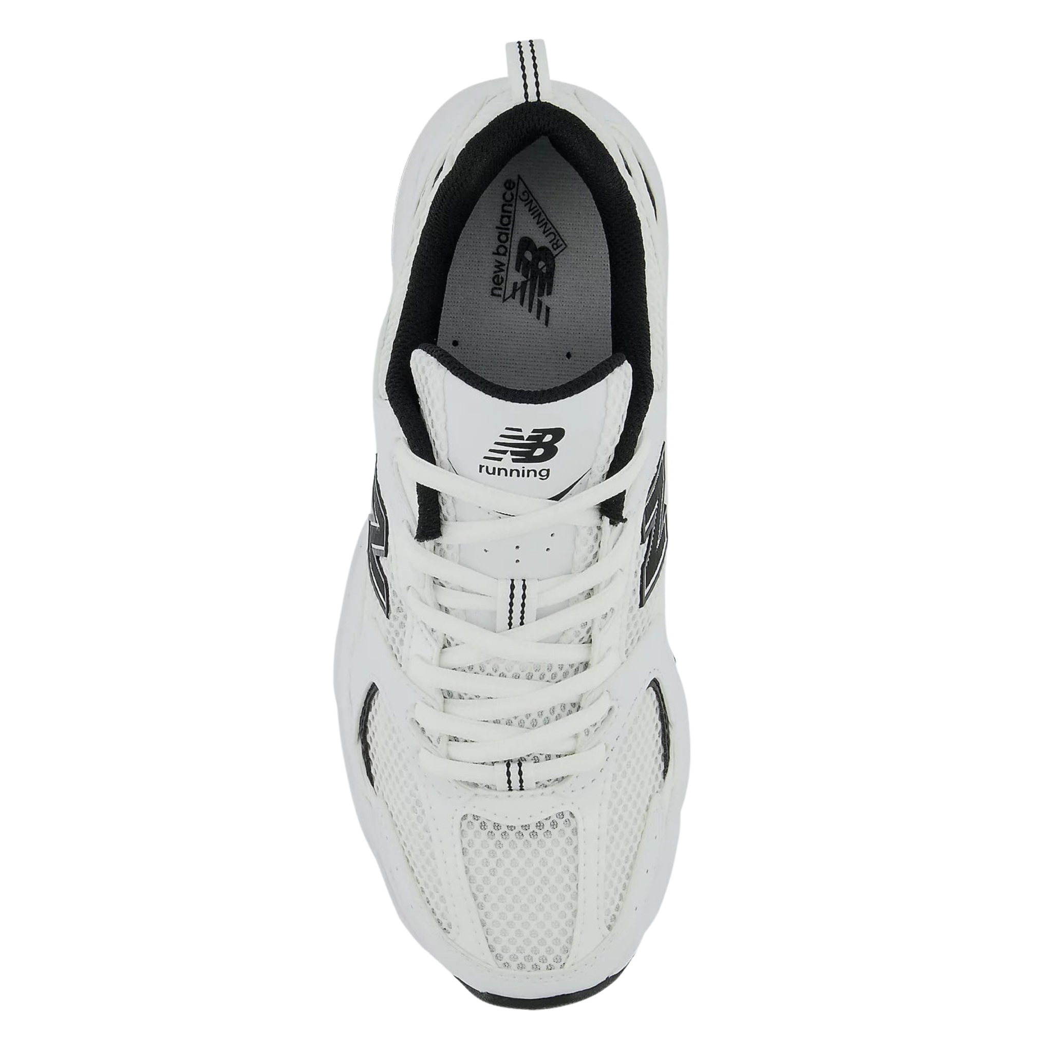 New Balance 530 bianca con logo nero, vista dall'alto ravvicinata