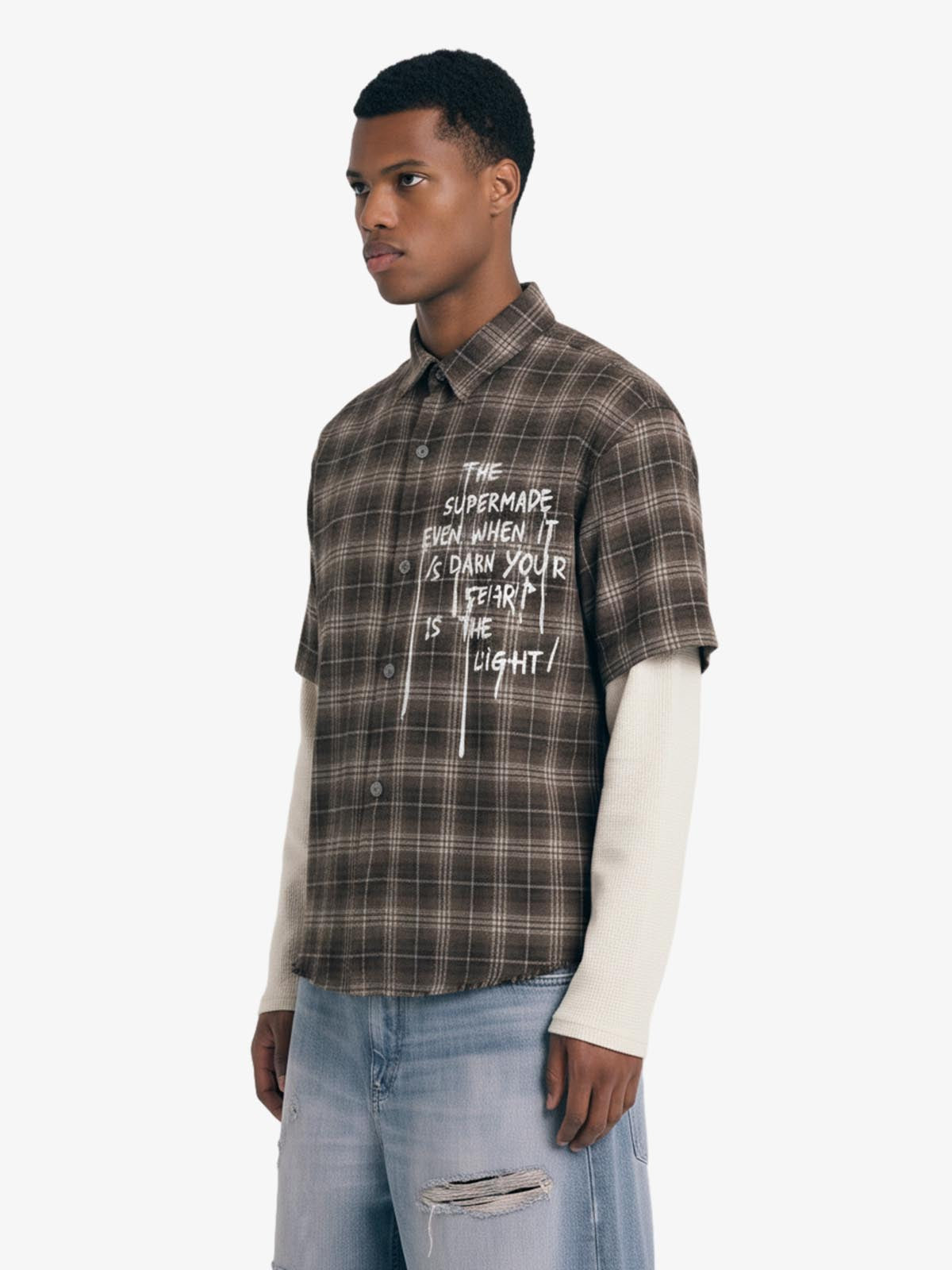 Camicia a Quadri in Cotone Doppio Strato Effetto Vissuto — Vista 3