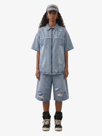 Completo in Denim Effetto Vissuto con Strappi — Vista 9
