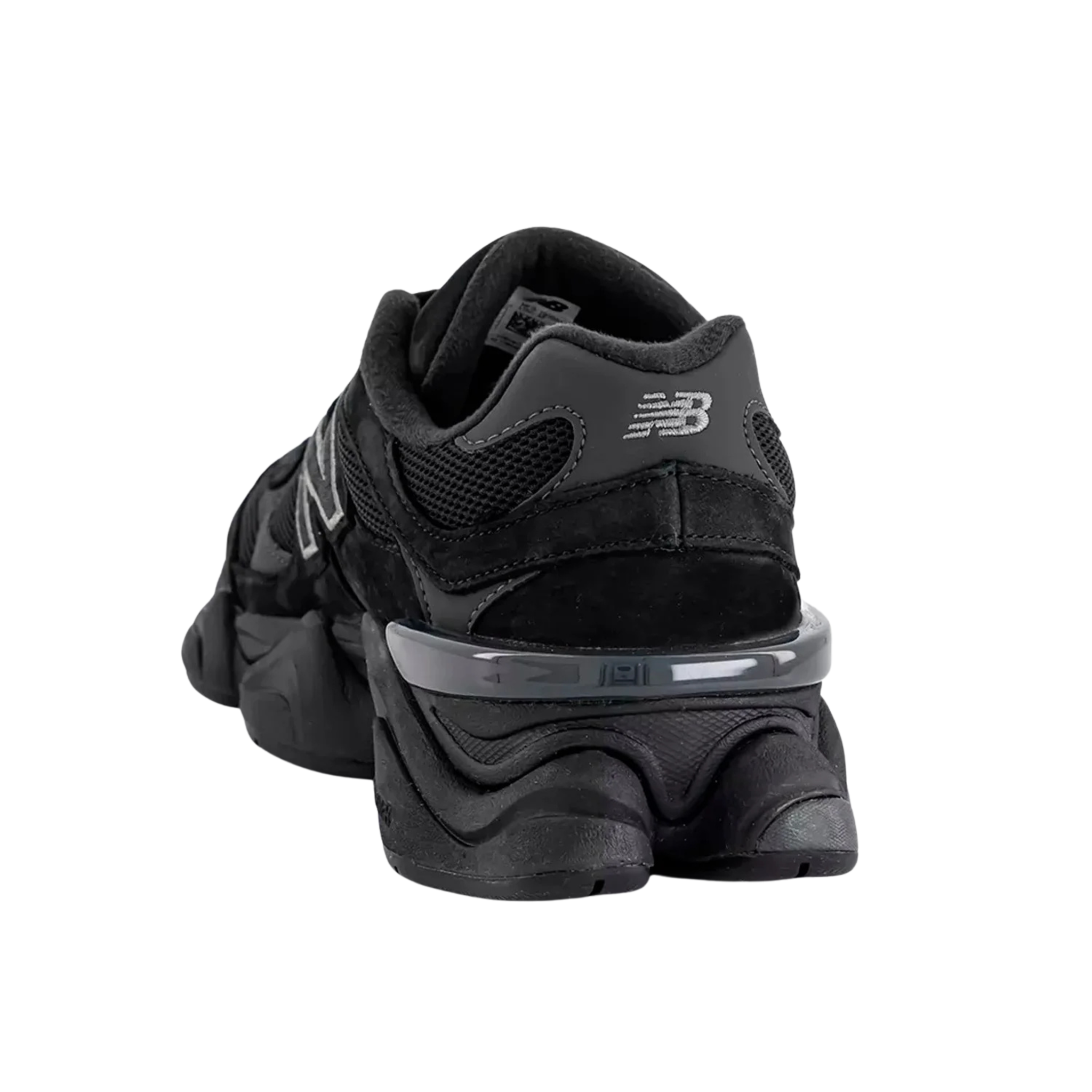 New Balance 9060 nere, dettaglio tallone e suola ondulata da dietro