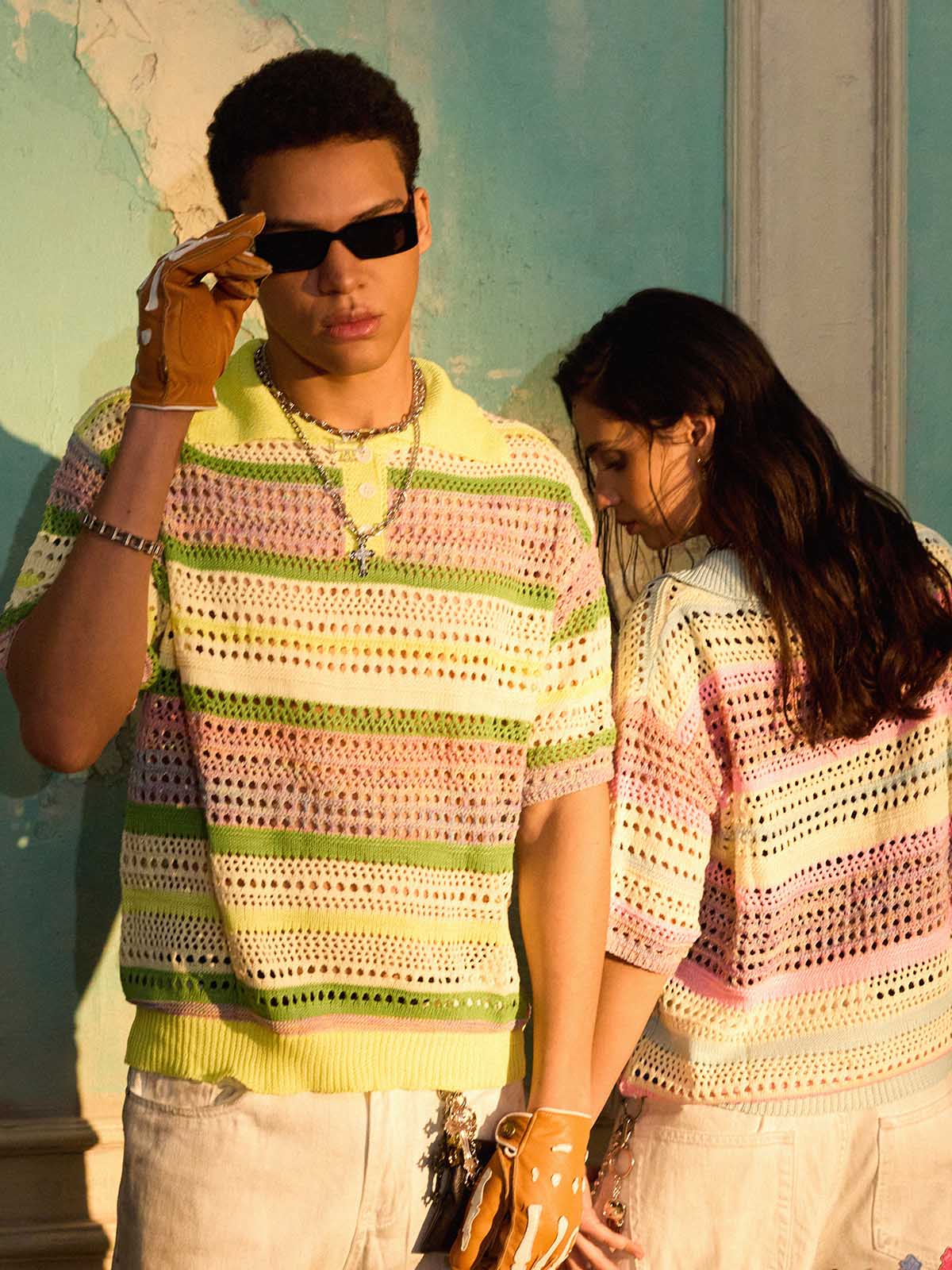 Polo Crochet a Righe Pastello a Maniche Corte — Vista 6