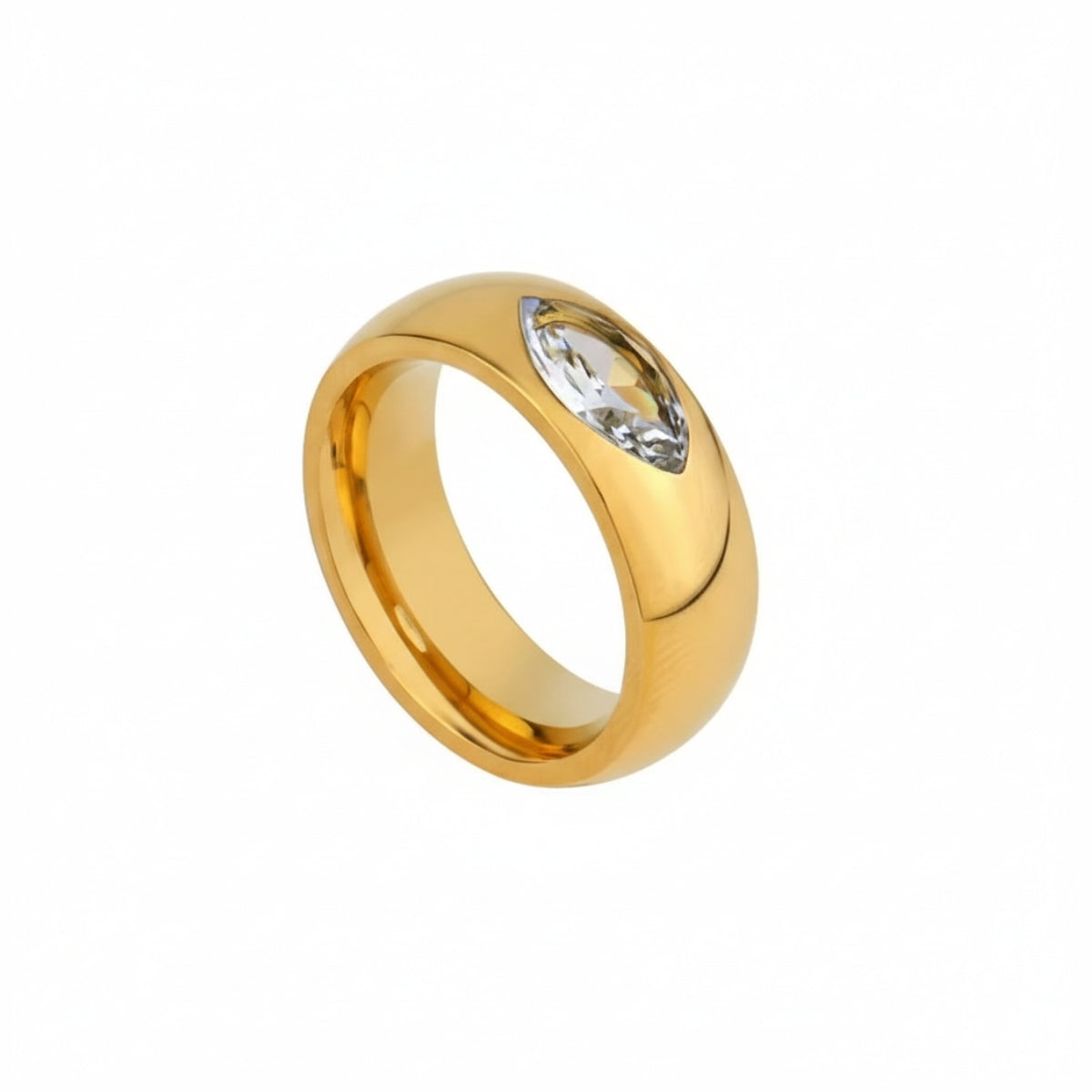 Anello bombato in acciaio oro con cristallo trasparente taglio marquise incastonato al centro.