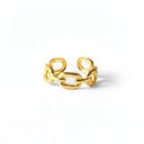Anello regolabile in acciaio inossidabile color oro con design a catena a maglie grandi su sfondo bianco