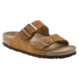 Birkenstock Arizona in camoscio cammello con logo impresso sulle due fasce