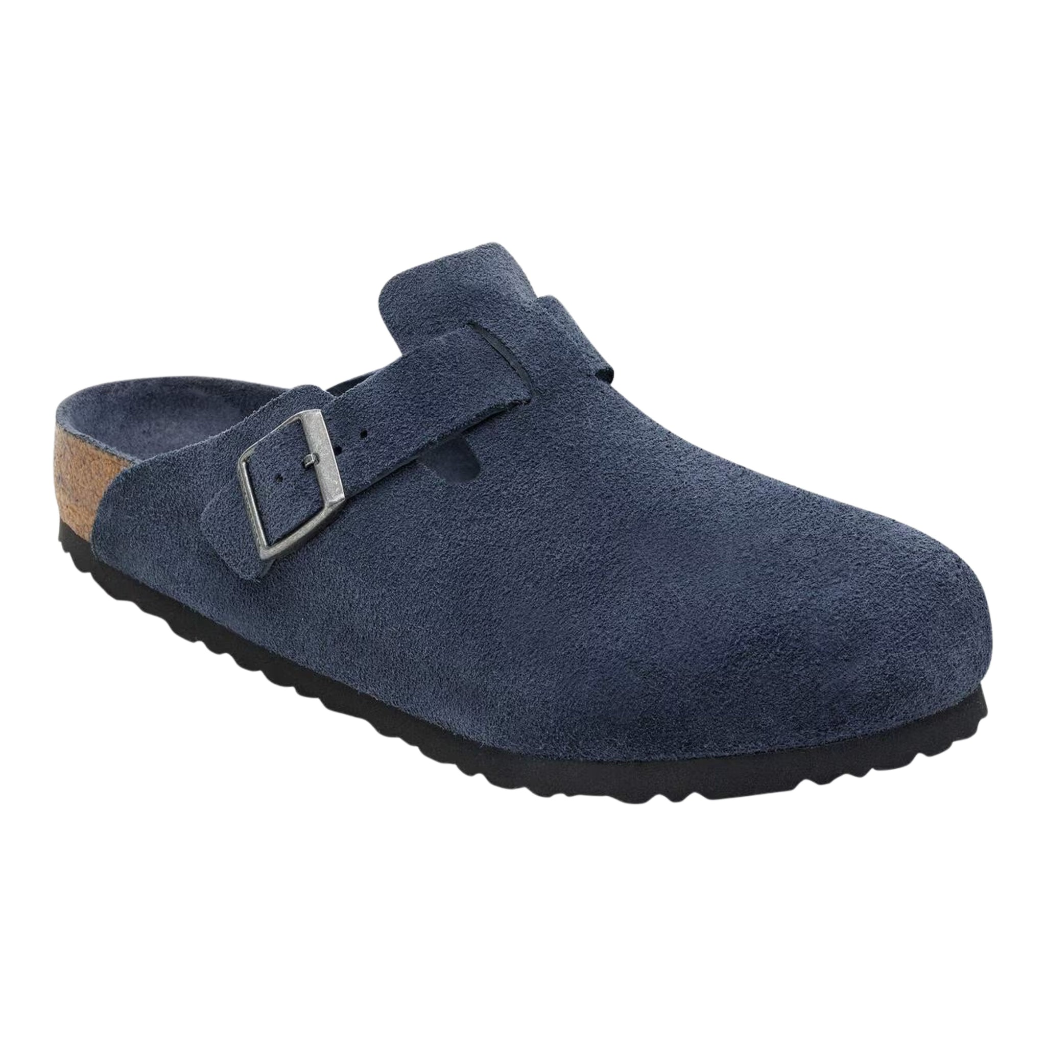 Birkenstock Boston, zoccolo in camoscio blu navy con fibbia argentata