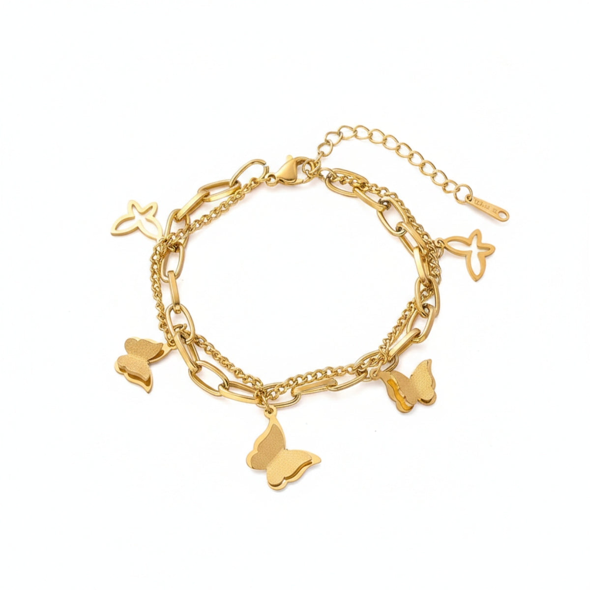 Bracciale a doppia catena in acciaio oro con molteplici charms a forma di farfalla