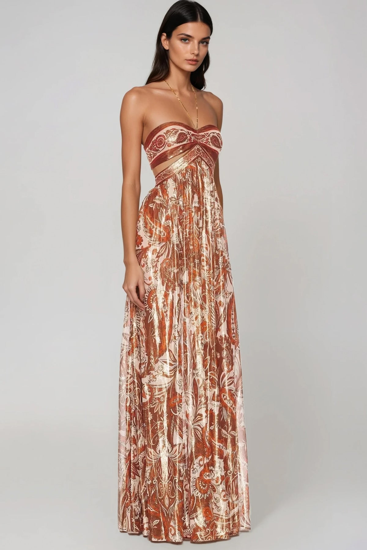 Vestito Maxi Collo Alto con Stampa Paisley