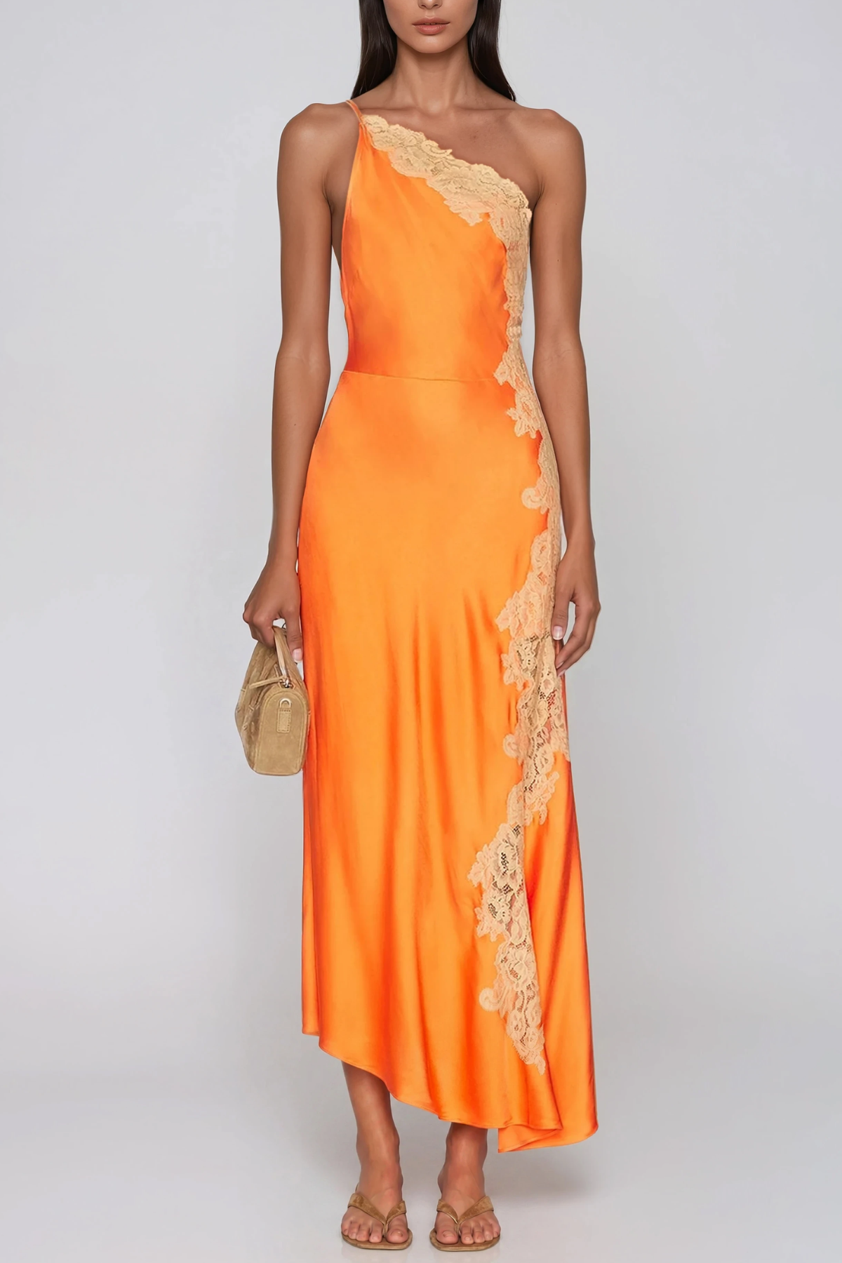 Vestito Maxi Monospalla in Pizzo e Raso