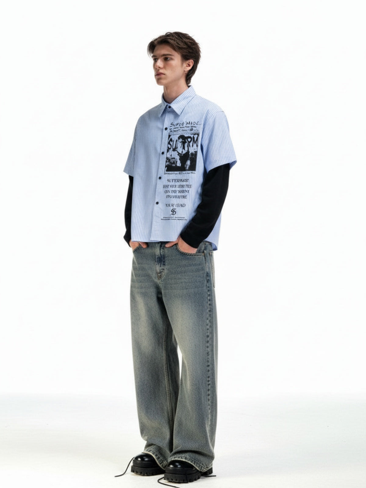 Camicia a Righe con Illustrazione Vintage Doppio Strato — Vista 7