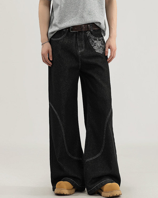 Jeans Wide-Leg in Denim con Cuciture a Contrasto