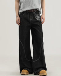 Jeans Wide-Leg in Denim con Cuciture a Contrasto