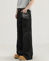 Jeans Wide-Leg in Denim con Cuciture a Contrasto