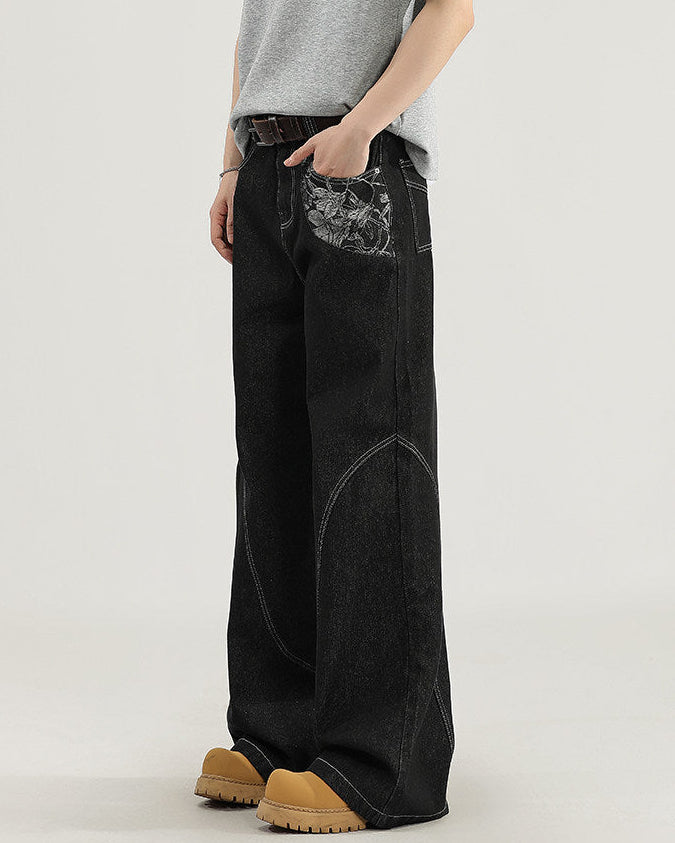 Jeans Wide-Leg in Denim con Cuciture a Contrasto