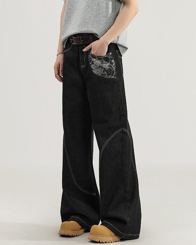 Jeans Wide-Leg in Denim con Cuciture a Contrasto