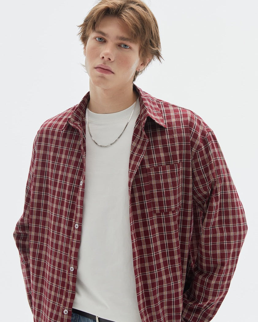 Camicia a Quadri Bordeaux a Maniche Lunghe