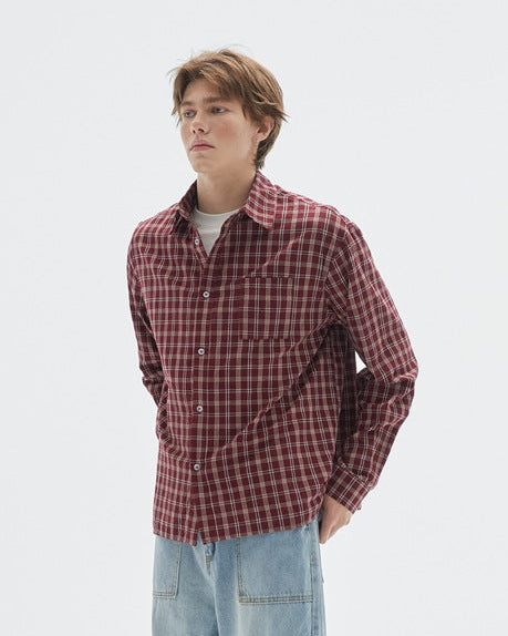 Camicia a Quadri Bordeaux a Maniche Lunghe