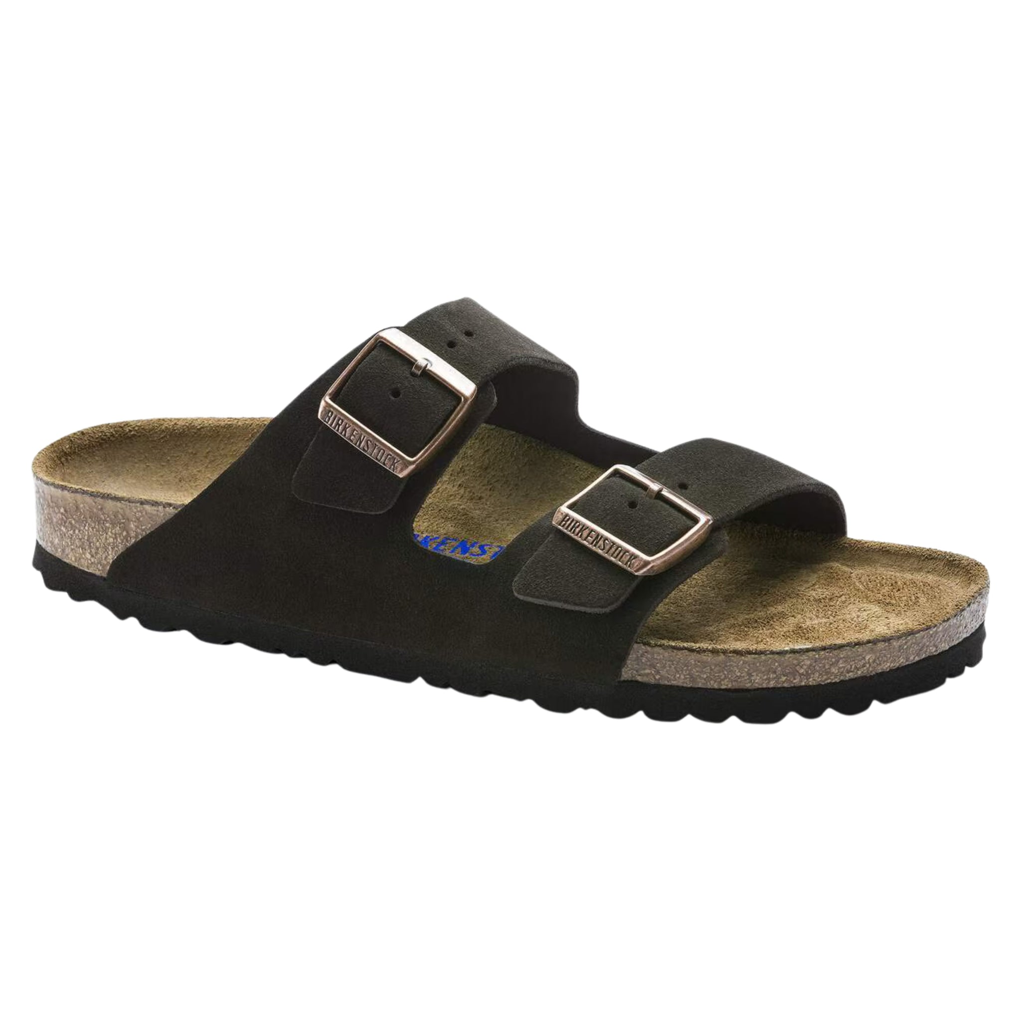 Sandalo Arizona Birkenstock in camoscio marrone scuro, doppia fascia con fibbie