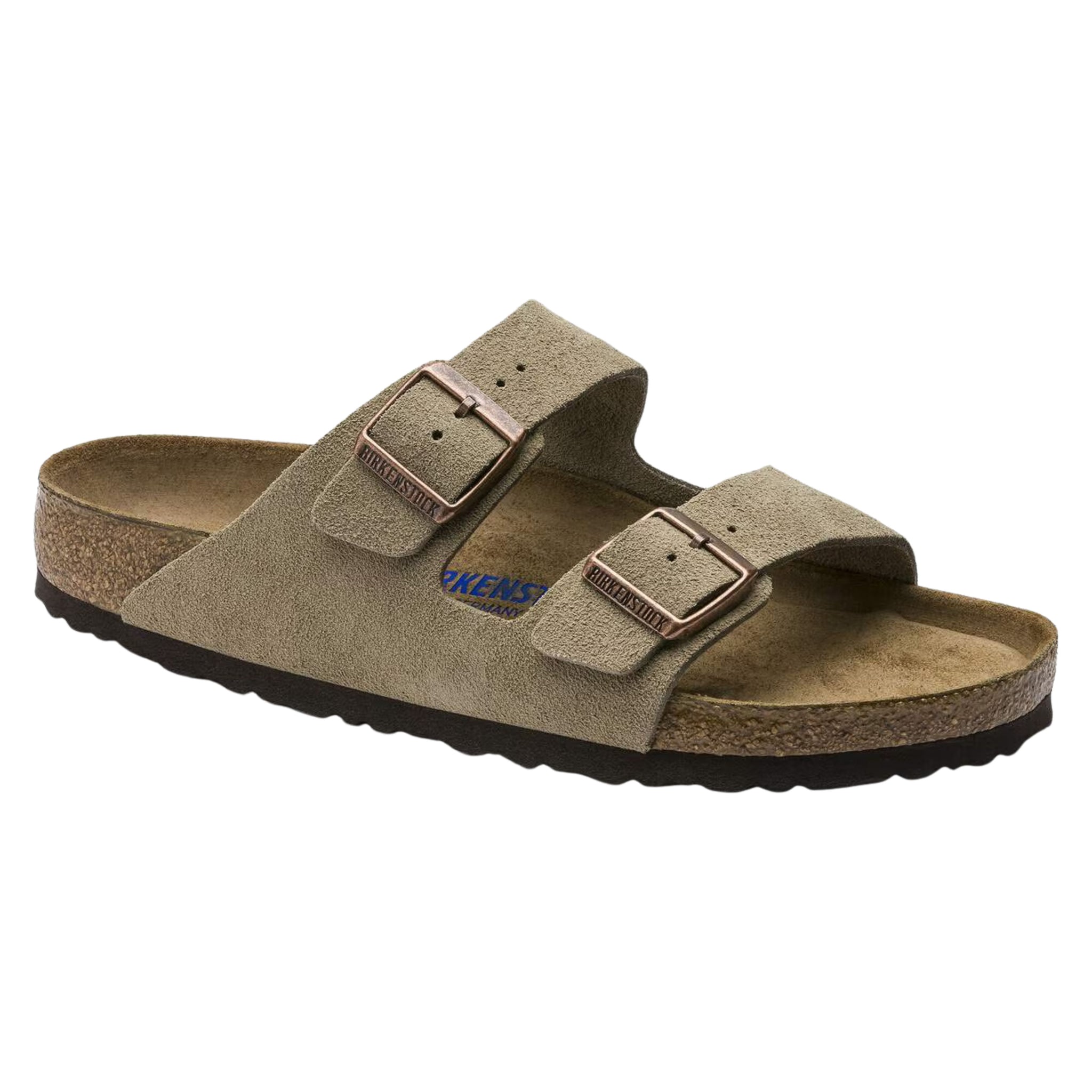 Sandalo Birkenstock Arizona a doppia fascia in camoscio talpa con suola in sughero