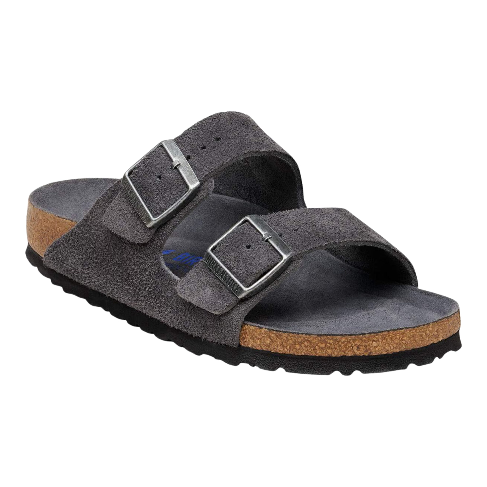 Sandalo Birkenstock Arizona grigio antracite in camoscio, singolo modello su fondo bianco