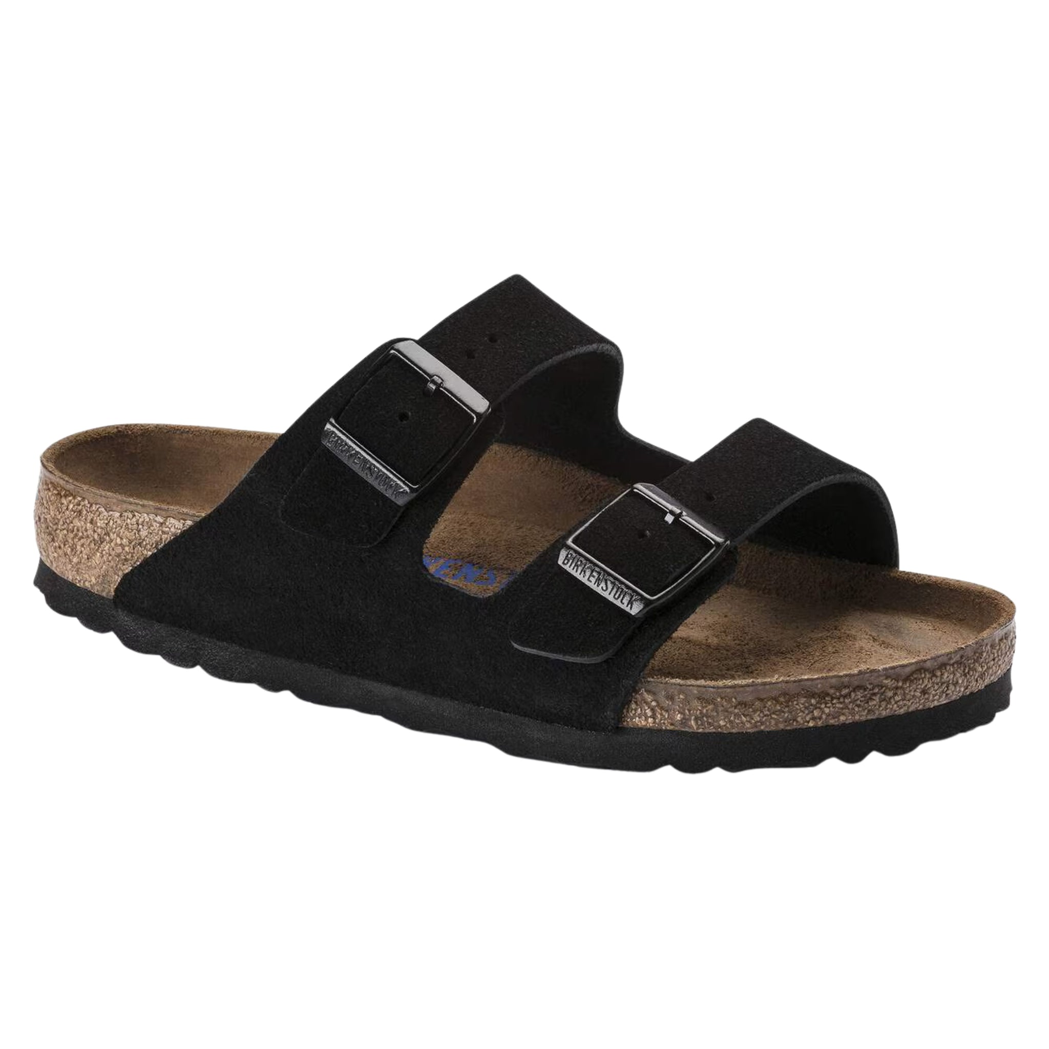 Sandalo Birkenstock Arizona in camoscio nero con fibbie argentate, vista tre quarti