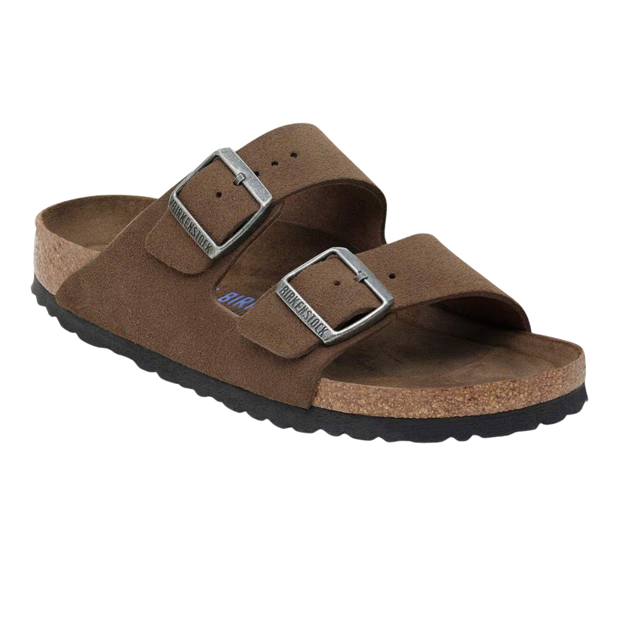 Sandalo Birkenstock Arizona marrone cioccolato in camoscio, suola nera zigrinata visibile