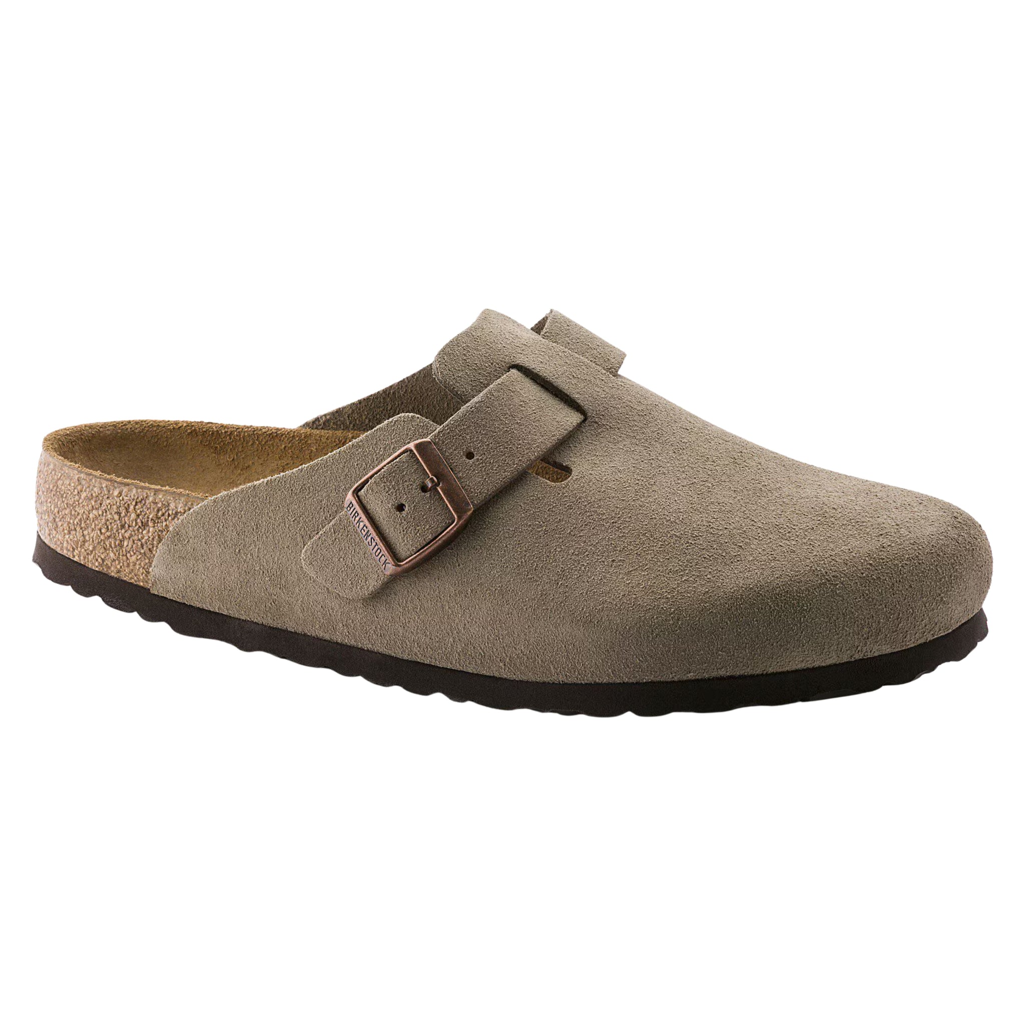 Zoccolo Birkenstock Boston in camoscio taupe con fibbia, vista tre quarti