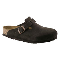 Zoccolo Boston Birkenstock in camoscio marrone scuro con fibbia regolabile